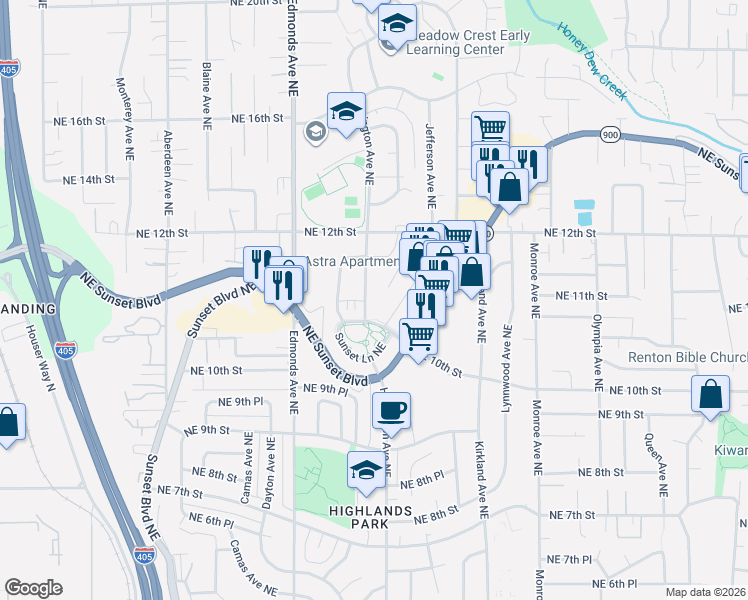 map of restaurants, bars, coffee shops, grocery stores, and more near 1100 Harrington Avenue Northeast in Renton