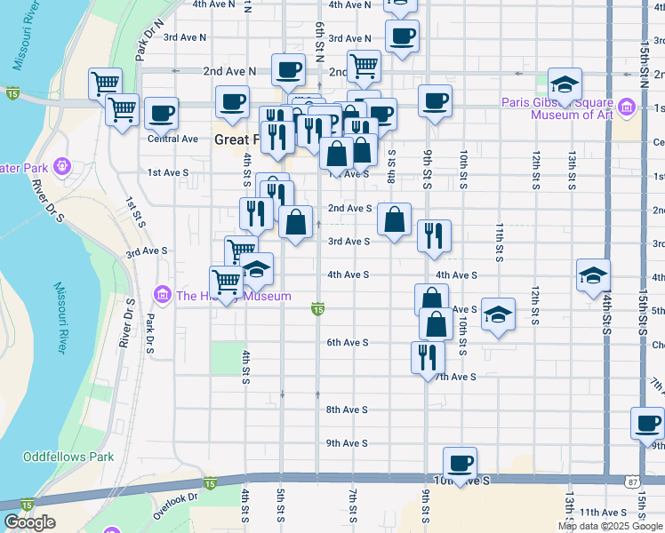 map of restaurants, bars, coffee shops, grocery stores, and more near 609 4th Avenue South in Great Falls