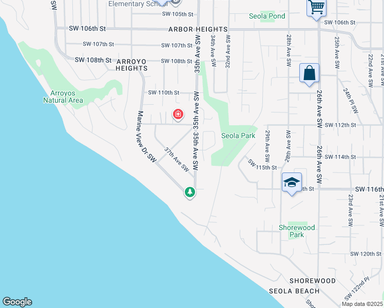 map of restaurants, bars, coffee shops, grocery stores, and more near 11253 35th Avenue Southwest in Seattle