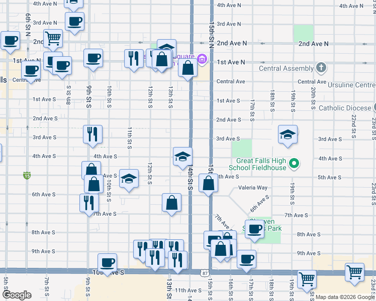 map of restaurants, bars, coffee shops, grocery stores, and more near 400-498 14th Street South in Great Falls