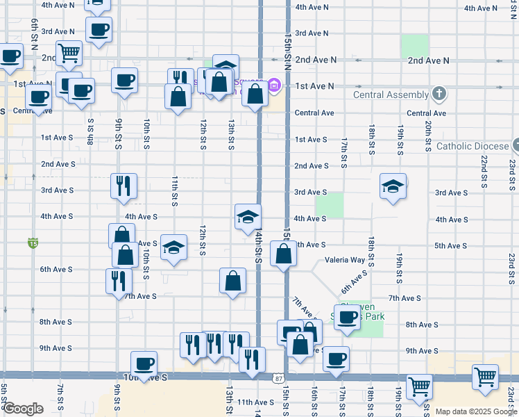 map of restaurants, bars, coffee shops, grocery stores, and more near 400-498 14th Street South in Great Falls
