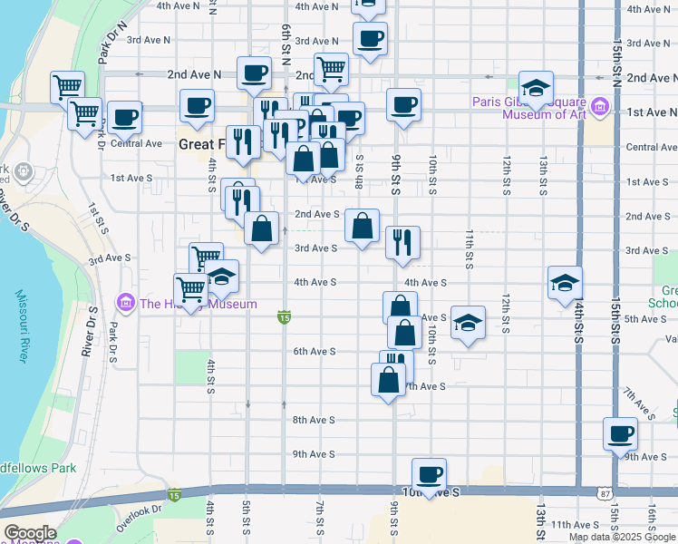 map of restaurants, bars, coffee shops, grocery stores, and more near 401-449 7th Street South in Great Falls