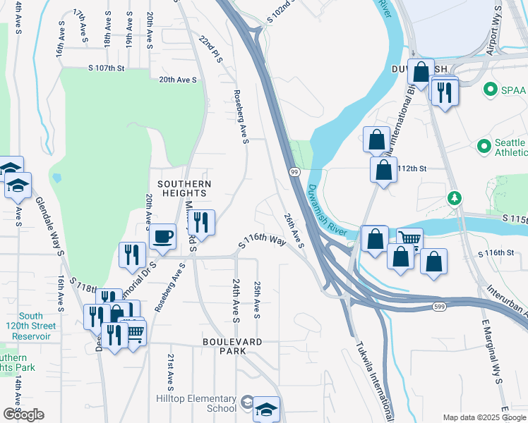 map of restaurants, bars, coffee shops, grocery stores, and more near 2434 South 116th Way in Seattle