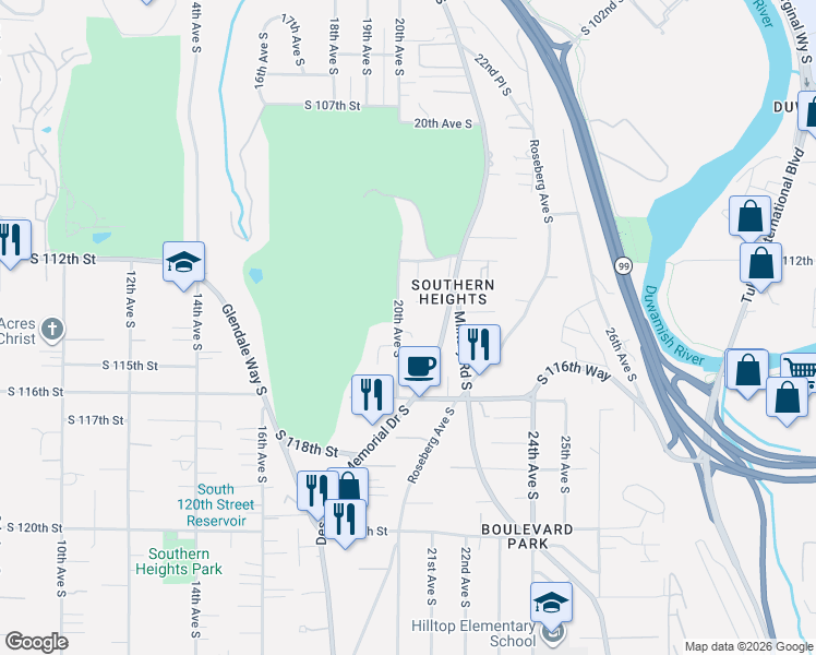 map of restaurants, bars, coffee shops, grocery stores, and more near 11424 20th Avenue South in Seattle