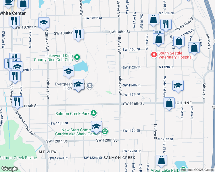 map of restaurants, bars, coffee shops, grocery stores, and more near 11443 5th Avenue Southwest in Seattle