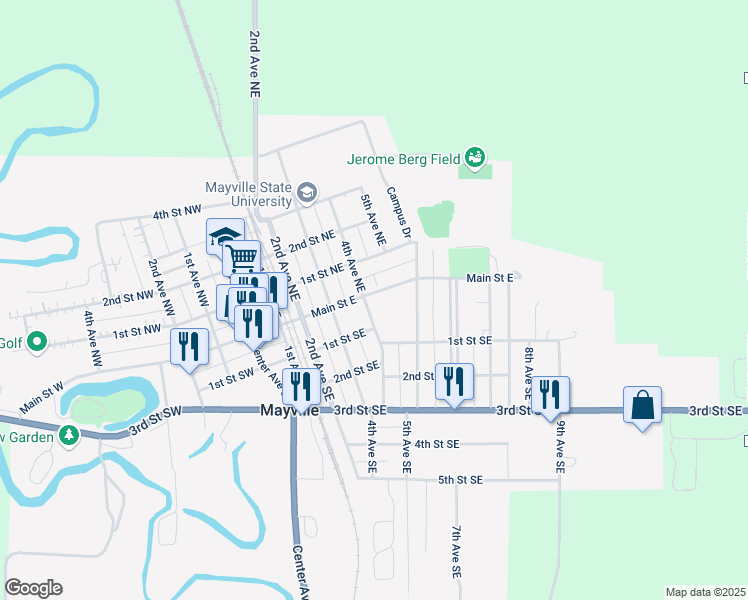 map of restaurants, bars, coffee shops, grocery stores, and more near 29 4th Avenue Southeast in Mayville