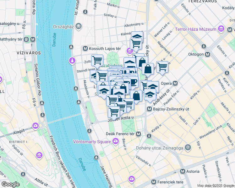 map of restaurants, bars, coffee shops, grocery stores, and more near 24 Sas Street in Budapest