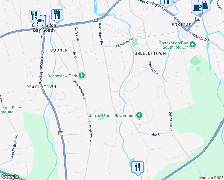 map of restaurants, bars, coffee shops, grocery stores, and more near 91 Greeleytown Road in Conception Bay South