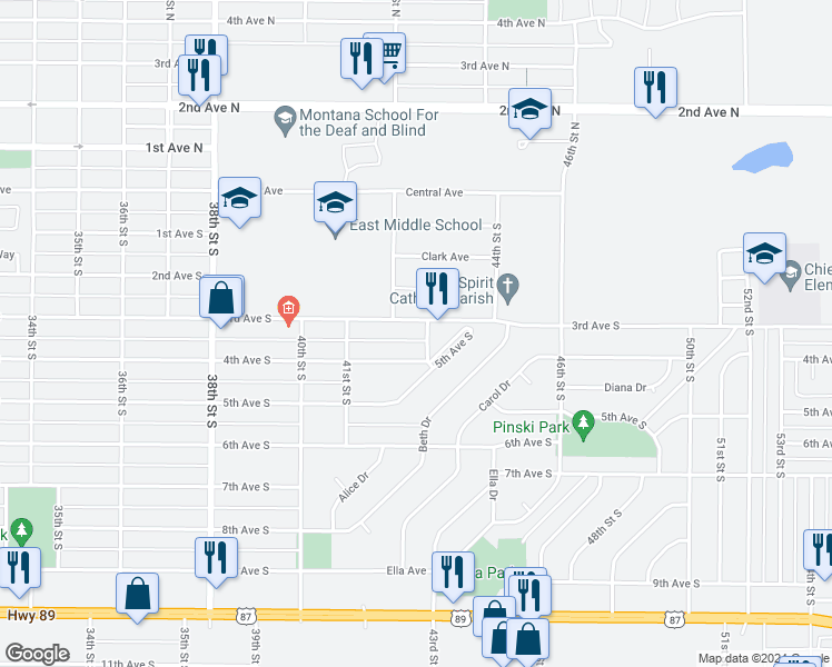 map of restaurants, bars, coffee shops, grocery stores, and more near 4212 3rd Avenue South in Great Falls
