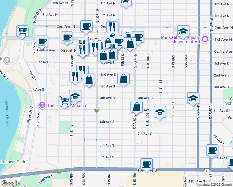 map of restaurants, bars, coffee shops, grocery stores, and more near 725 3rd Avenue South in Great Falls