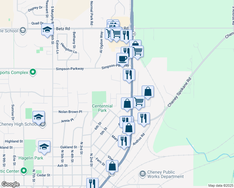 map of restaurants, bars, coffee shops, grocery stores, and more near 2336 University Lane in Cheney