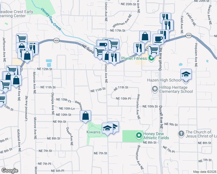 map of restaurants, bars, coffee shops, grocery stores, and more near 1150 Union Avenue Northeast in Renton