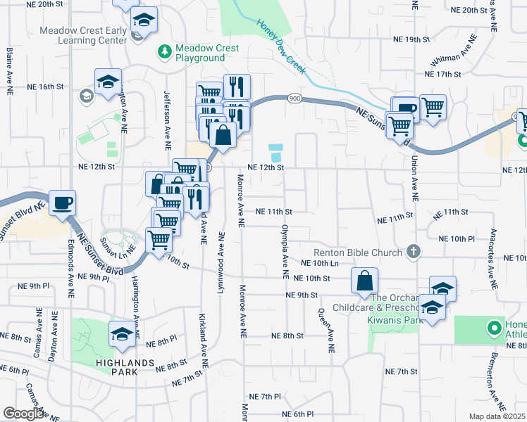 map of restaurants, bars, coffee shops, grocery stores, and more near 3404 Northeast 11th Place in Renton