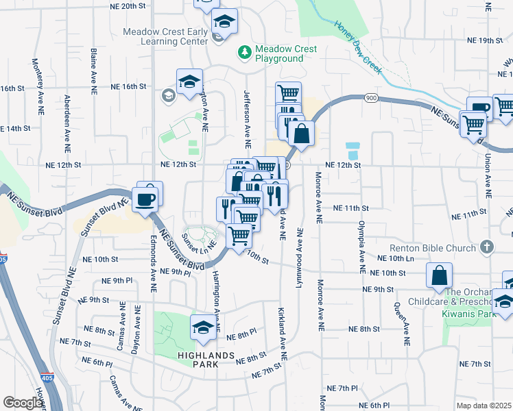 map of restaurants, bars, coffee shops, grocery stores, and more near 2838 Northeast Sunset Boulevard in Renton