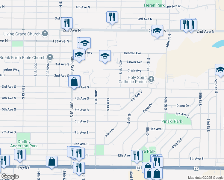 map of restaurants, bars, coffee shops, grocery stores, and more near 4101-4199 3rd Ave S in Great Falls