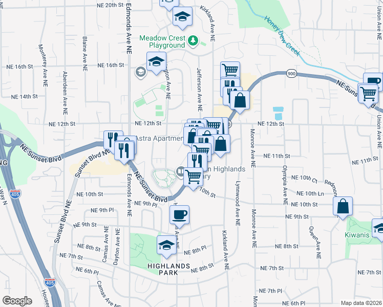 map of restaurants, bars, coffee shops, grocery stores, and more near 2828 Harrington Place Northeast in Renton