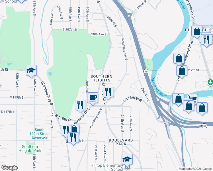 map of restaurants, bars, coffee shops, grocery stores, and more near 2225 South 112th Street in Seattle