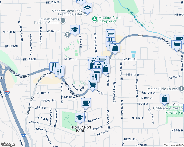 map of restaurants, bars, coffee shops, grocery stores, and more near 2828 Harrington Place Northeast in Renton