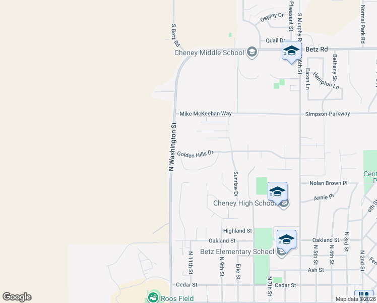 map of restaurants, bars, coffee shops, grocery stores, and more near 1105 Golden Hills Drive in Cheney