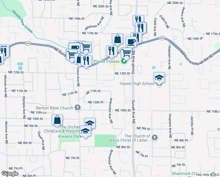 map of restaurants, bars, coffee shops, grocery stores, and more near 4400 Northeast 11th Street in Renton