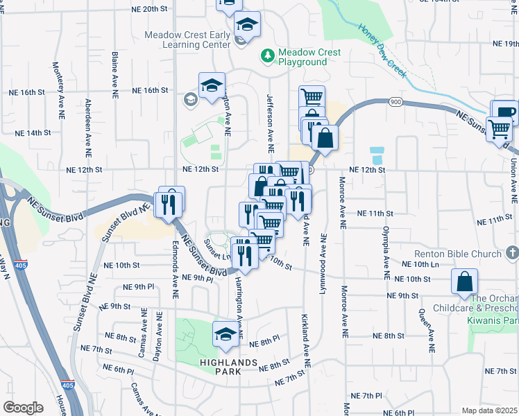 map of restaurants, bars, coffee shops, grocery stores, and more near 2828 Harrington Place Northeast in Renton