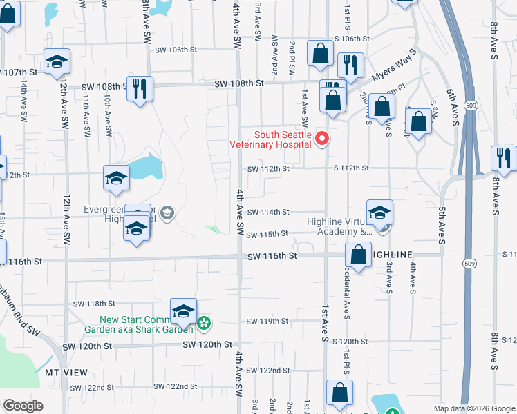 map of restaurants, bars, coffee shops, grocery stores, and more near 11202 2nd Lane Southwest in Seattle