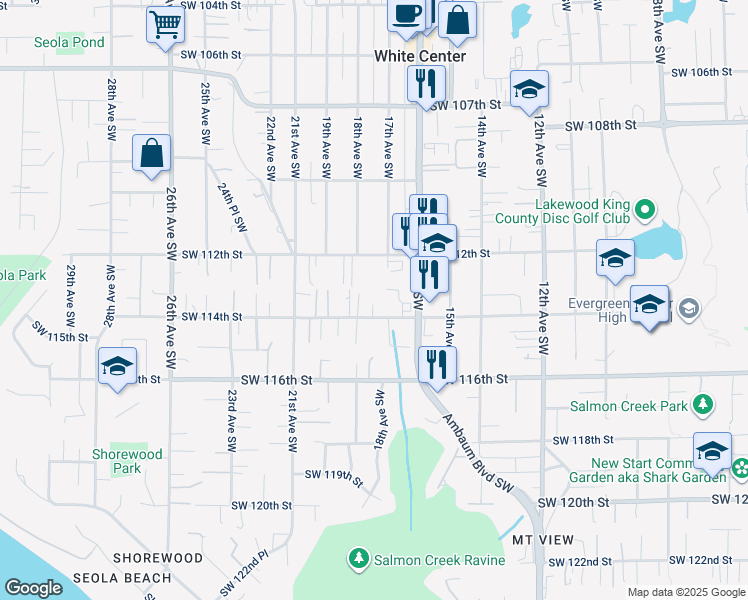 map of restaurants, bars, coffee shops, grocery stores, and more near 1612 Southwest 114th Street in Seattle