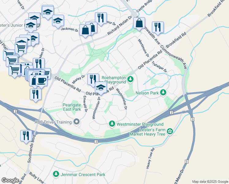 map of restaurants, bars, coffee shops, grocery stores, and more near 2 Thames Place in Mount Pearl
