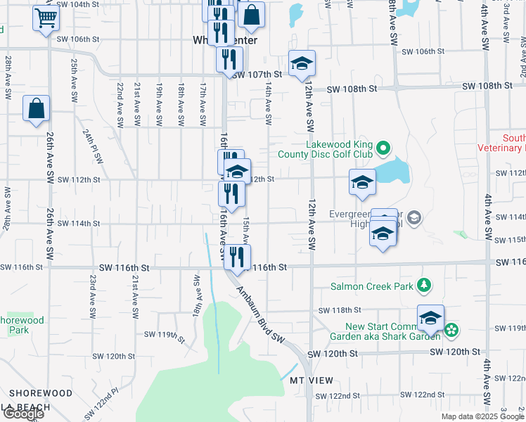 map of restaurants, bars, coffee shops, grocery stores, and more near 11230 15th Avenue Southwest in Seattle
