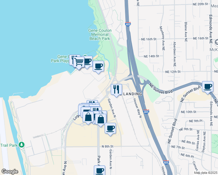 map of restaurants, bars, coffee shops, grocery stores, and more near 1100 Lake Washington Boulevard North in Renton