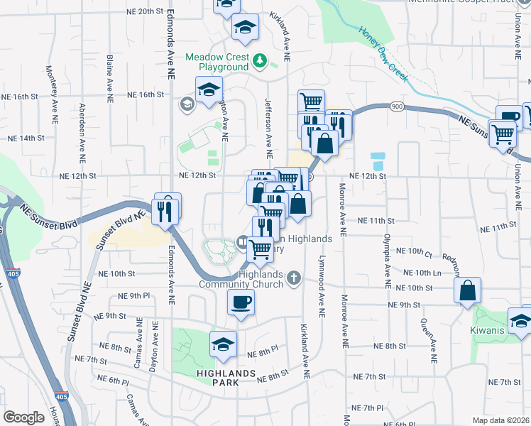 map of restaurants, bars, coffee shops, grocery stores, and more near 2955 Northeast 11th Street in Renton