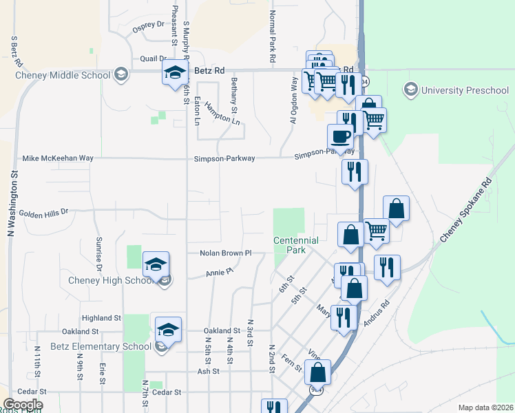 map of restaurants, bars, coffee shops, grocery stores, and more near 309 Plum Tree Ct in Cheney