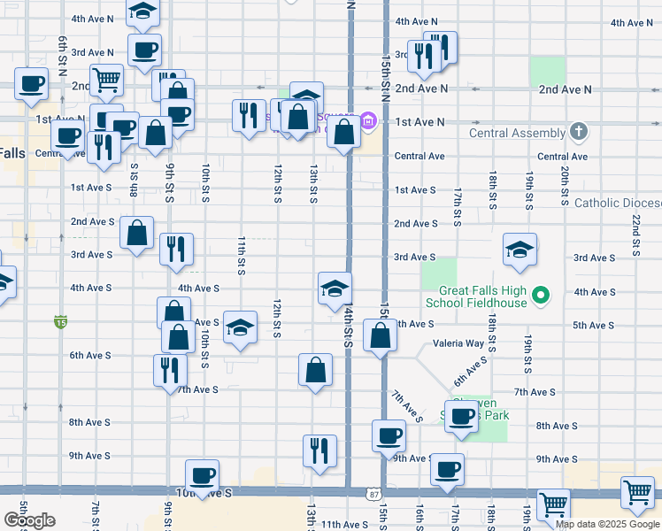 map of restaurants, bars, coffee shops, grocery stores, and more near 201-299 13th Street South in Great Falls