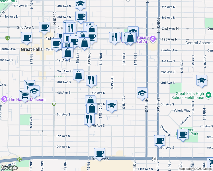 map of restaurants, bars, coffee shops, grocery stores, and more near 1014 3rd Avenue South in Great Falls