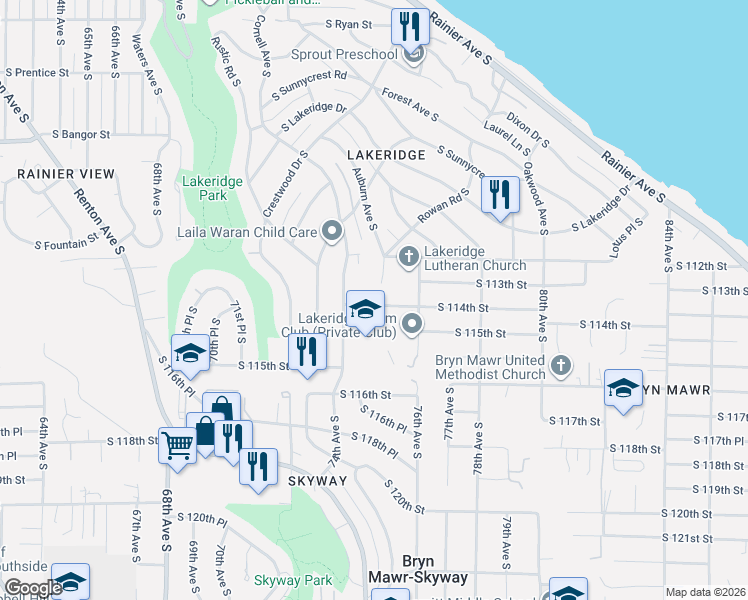 map of restaurants, bars, coffee shops, grocery stores, and more near 11232 Auburn Avenue South in Seattle