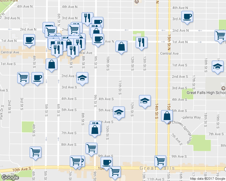 map of restaurants, bars, coffee shops, grocery stores, and more near 1010 3rd Avenue South in Great Falls