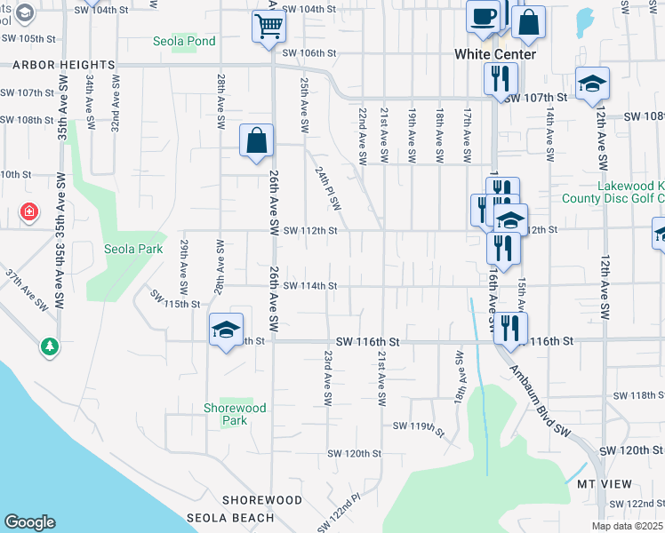 map of restaurants, bars, coffee shops, grocery stores, and more near 11227 22nd Place Southwest in Seattle