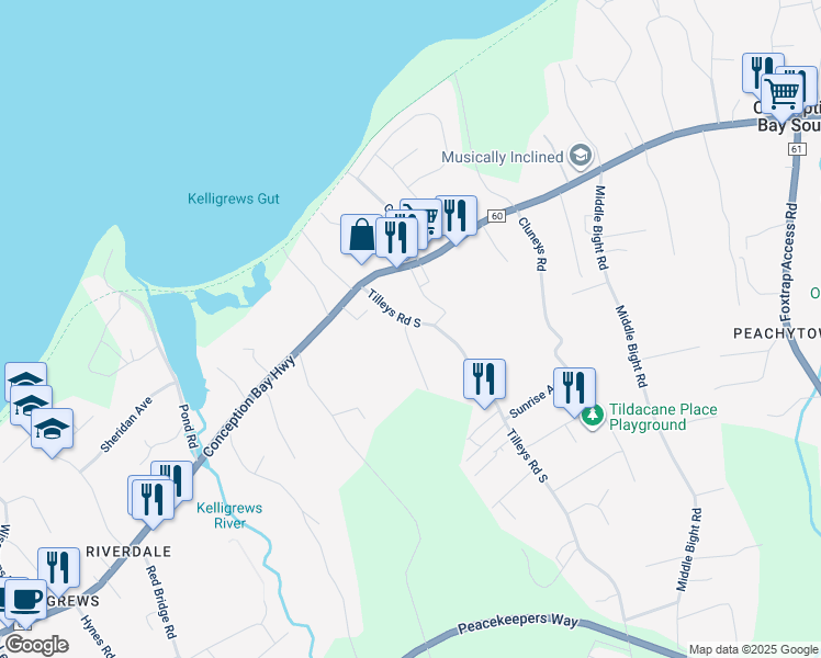 map of restaurants, bars, coffee shops, grocery stores, and more near 3 Maple Oak Path in Conception Bay South