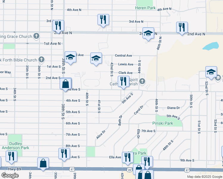 map of restaurants, bars, coffee shops, grocery stores, and more near 4199 3rd Avenue South in Great Falls
