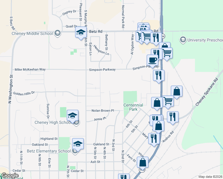 map of restaurants, bars, coffee shops, grocery stores, and more near 309 Plum Tree Court in Cheney