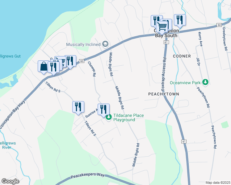 map of restaurants, bars, coffee shops, grocery stores, and more near 54 Middle Bight Road in Conception Bay South