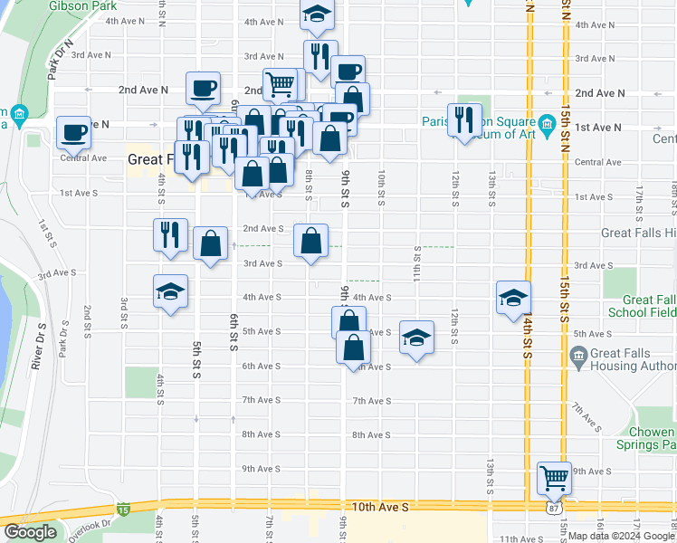 map of restaurants, bars, coffee shops, grocery stores, and more near 821-823 3rd Ave S in Great Falls