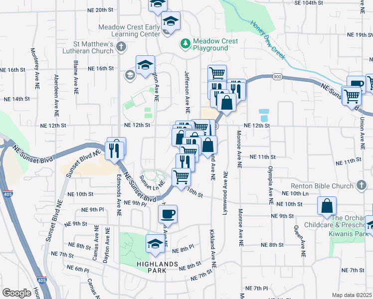 map of restaurants, bars, coffee shops, grocery stores, and more near 2838 Northeast Sunset Boulevard in Renton