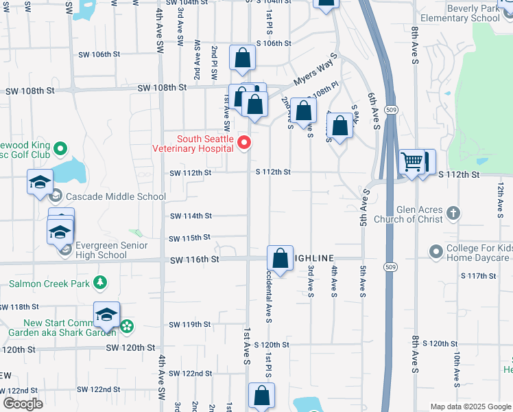 map of restaurants, bars, coffee shops, grocery stores, and more near 11237 Occidental Avenue South in Seattle