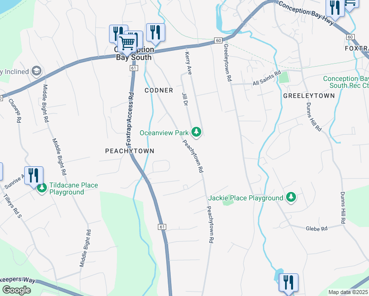 map of restaurants, bars, coffee shops, grocery stores, and more near 84 Peachytown Road in Conception Bay South