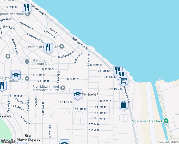 map of restaurants, bars, coffee shops, grocery stores, and more near 11223 84th Avenue South in Seattle