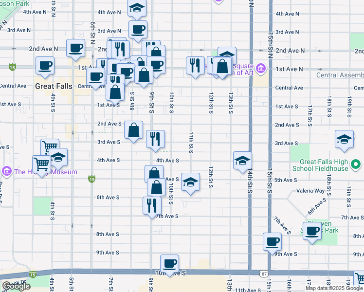 map of restaurants, bars, coffee shops, grocery stores, and more near 1014 3rd Avenue South in Great Falls