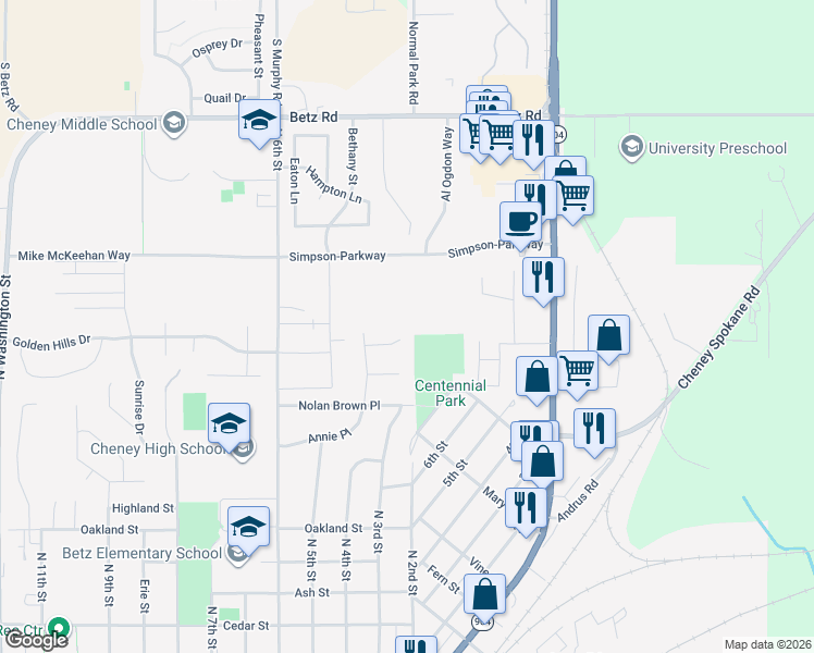 map of restaurants, bars, coffee shops, grocery stores, and more near 301 Plum Tree Ct in Cheney