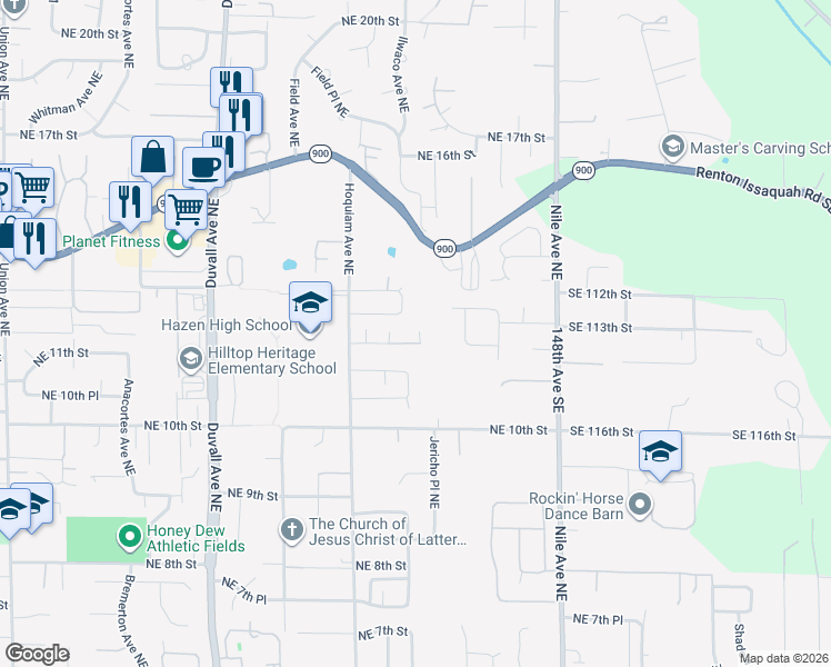map of restaurants, bars, coffee shops, grocery stores, and more near 5223 Northeast 11th Place in Renton