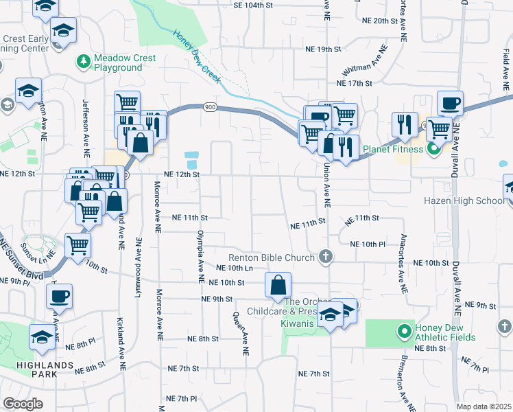 map of restaurants, bars, coffee shops, grocery stores, and more near 1112 Redmond Avenue Northeast in Renton